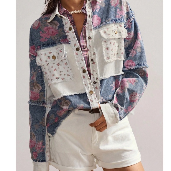 Western Floral Print Frayed Snap Button Oversized Denim Jean Jacket Shacket - Picture 1 of 5